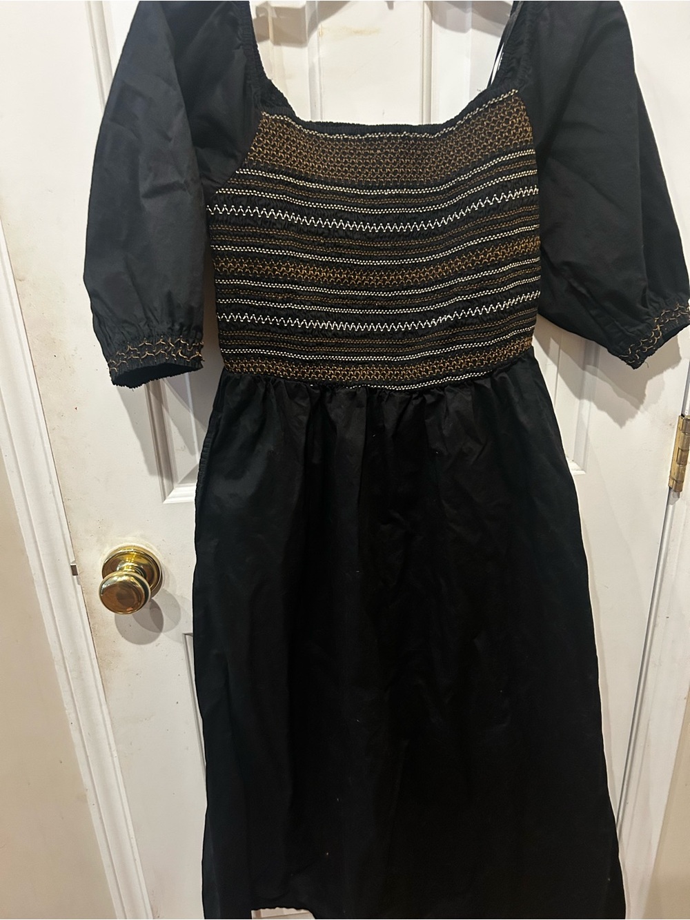 Old Navy Black Midi Dress with Gold Accent Smocked Bodice